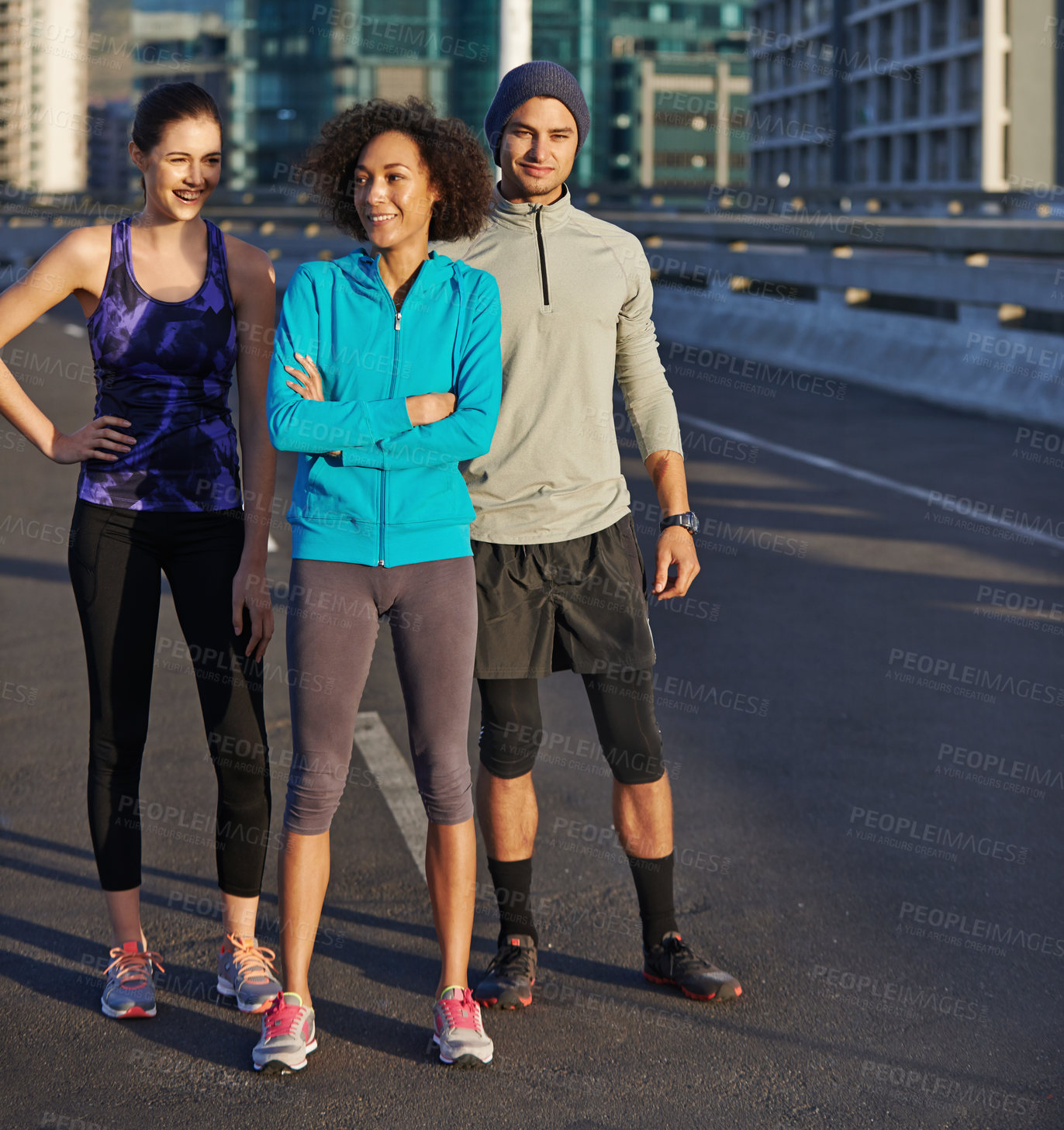 Buy stock photo Fitness, happy and group of people in city for running with race, marathon or endurance training. Sports, smile and team of athletes in town street for outdoor cardio workout, exercise or challenge.