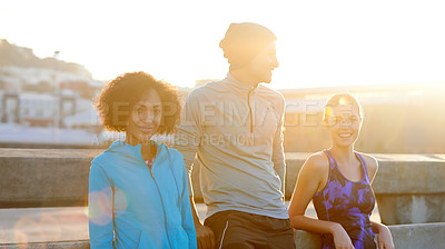 Buy stock photo Friends, portrait and team in city for fitness, exercise and running session for marathon challenge outdoor. Bridge, man and women by sunshine for wellness goals, jog break and bonding together