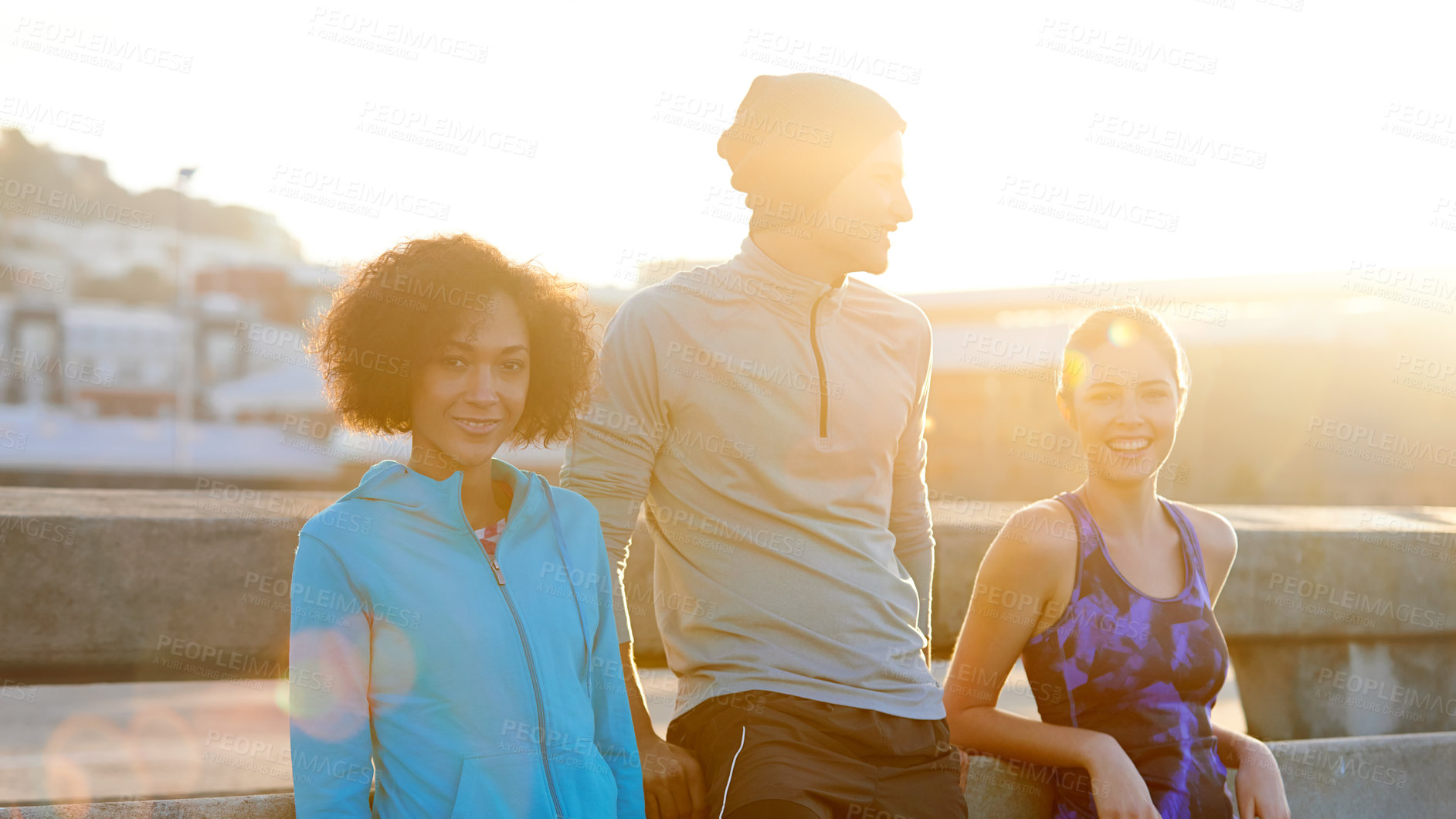 Buy stock photo Friends, portrait and team in city for fitness, exercise and running session for marathon challenge outdoor. Bridge, man and women by sunshine for wellness goals, jog break and bonding together