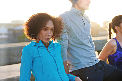 Buy stock photo Woman, runner group and break at sunrise on bridge, vision and wellness in morning with diversity. People, outdoor and together in team with training, exercise and workout on metro road in Canada