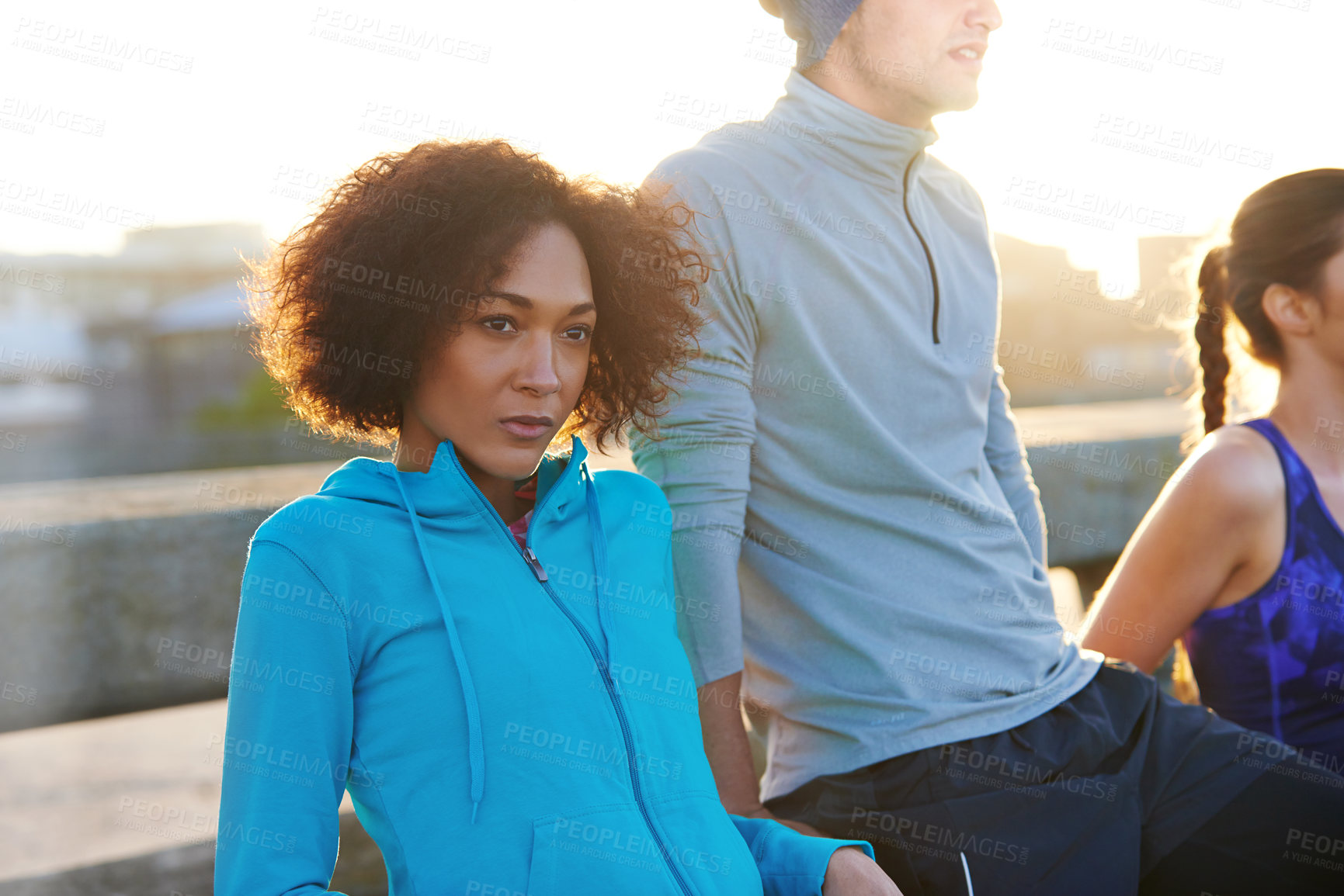 Buy stock photo Woman, runner group and break at sunrise on bridge, vision and wellness in morning with diversity. People, outdoor and together in team with training, exercise and workout on metro road in Canada