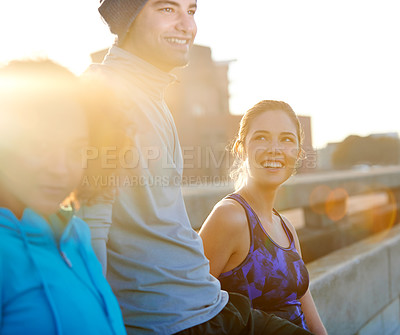 Buy stock photo People, portrait and laughing in city for fitness, exercise and running session for marathon challenge outdoor. Friends, man and women by sunshine for wellness goals, jog break and bonding together