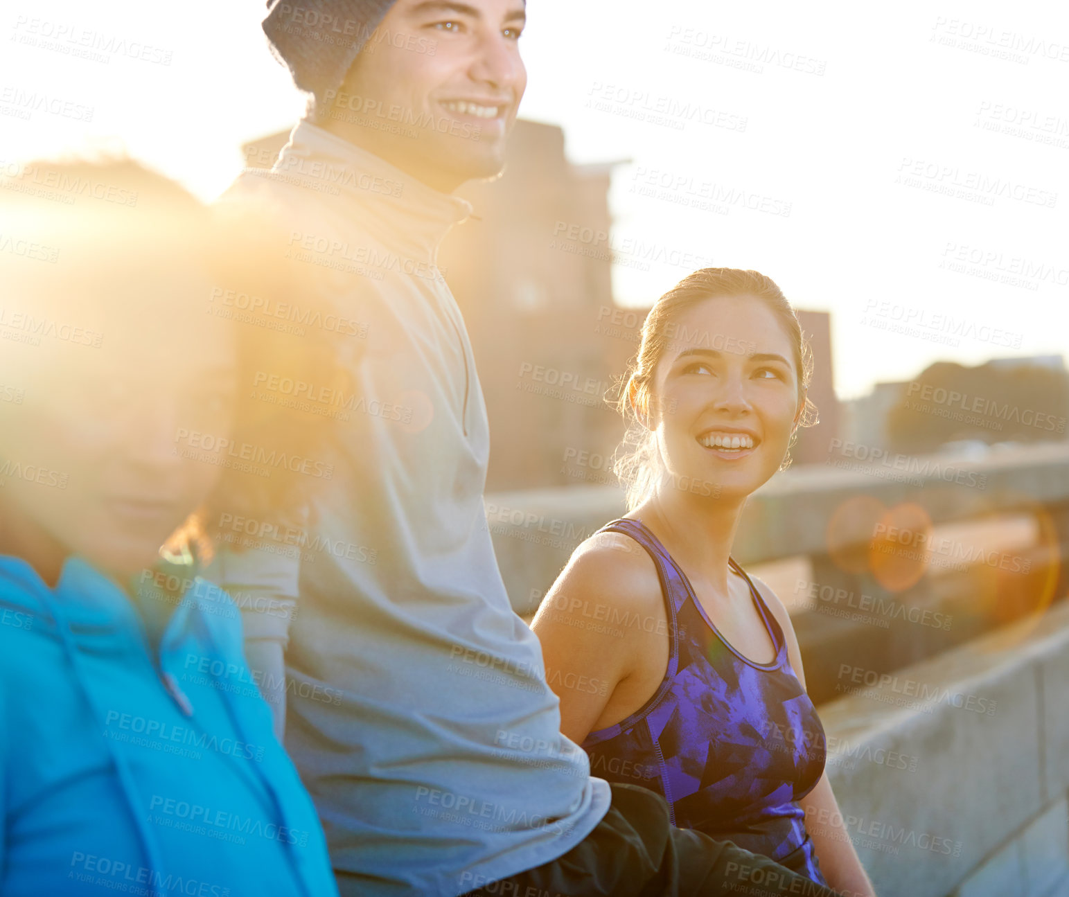 Buy stock photo People, portrait and laughing in city for fitness, exercise and running session for marathon challenge outdoor. Friends, man and women by sunshine for wellness goals, jog break and bonding together