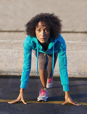Buy stock photo Portrait of an attractive young sportswoman getting ready for an early morning run