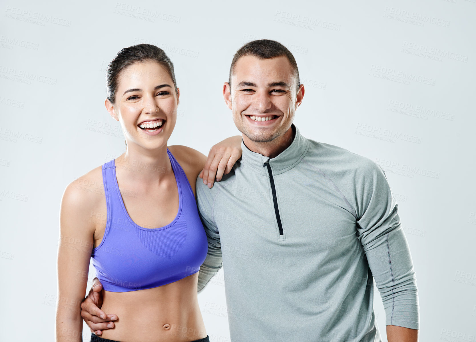 Buy stock photo Portrait, smile and couple with fitness, exercise and motivation on white studio background. Face, happy people and man with woman, training and workout with challenge, support and wellness with joy