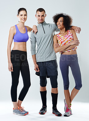 Buy stock photo Exercise, group and portrait of people in studio for training, teamwork and support in workout. Confident, friends and athlete with pride by white background for gym, fitness and sports together