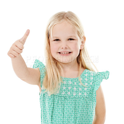 Buy stock photo Happy girl, portrait and fashion with thumbs up for positive feedback, vote or thank you in studio on a white background. Young female person, child or kid with smile, like emoji or yes sign for ok