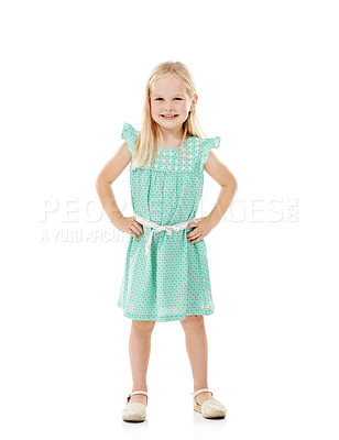 Buy stock photo Child, girl and smile in portrait for fashion with organic cotton, sustainability clothing or recycling fabric. Kid, happy and confidence in studio with dress or style on white background with mockup