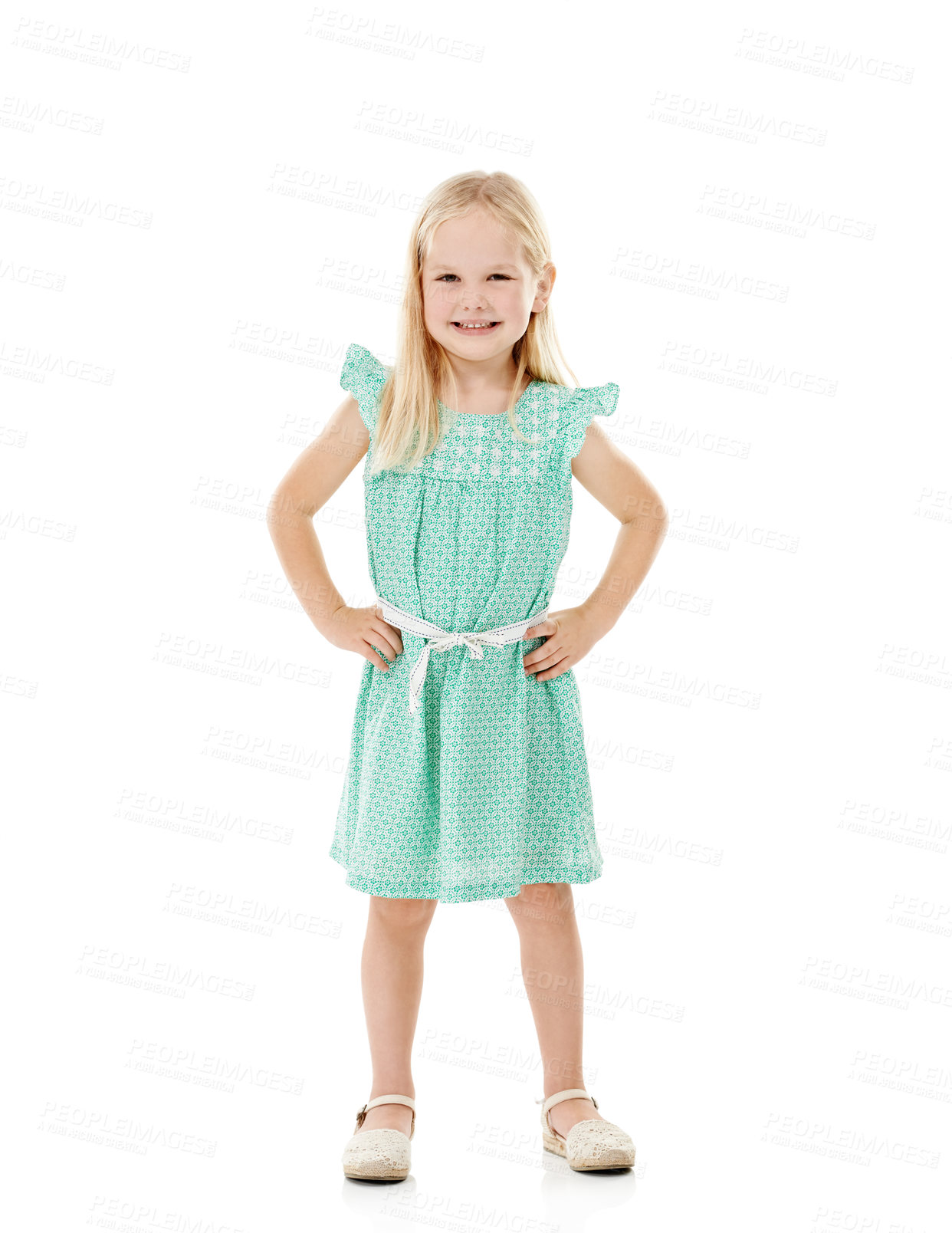 Buy stock photo Child, girl and smile in portrait for fashion with organic cotton, sustainability clothing or recycling fabric. Kid, happy and confidence in studio with dress or style on white background with mockup