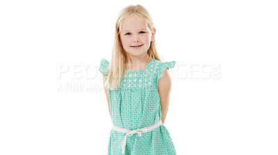 Buy stock photo Studio shot of a cute little girl in a frilly dress against a white background