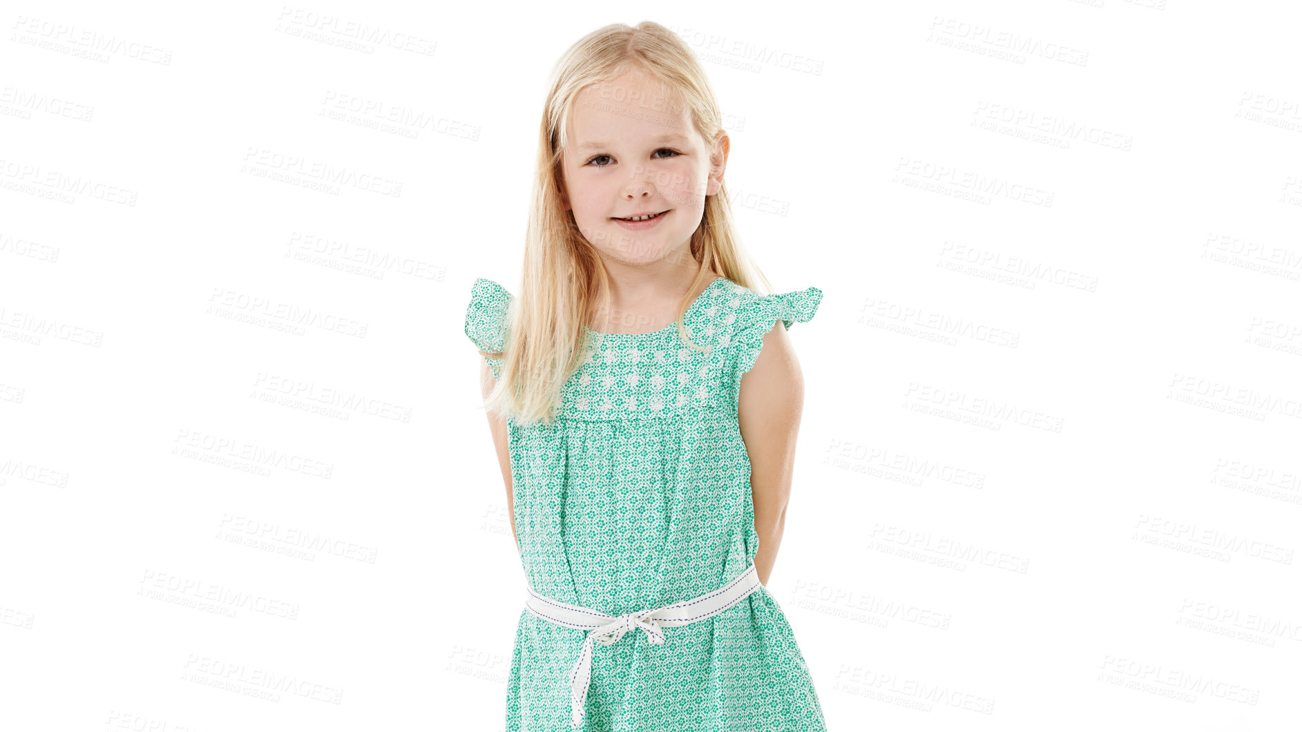 Buy stock photo Child, girl and happy in portrait for fashion with organic cotton, sustainability clothing or recycling fabric. Kid, smile and confidence in studio with dress or style on white background with mockup