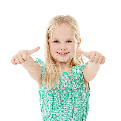 Buy stock photo Kid, girl and portrait with thumbs up for fashion in studio with outfit approval or agreement to style. Child, mockup and happy with hand gesture for good news, clothes or success on white background