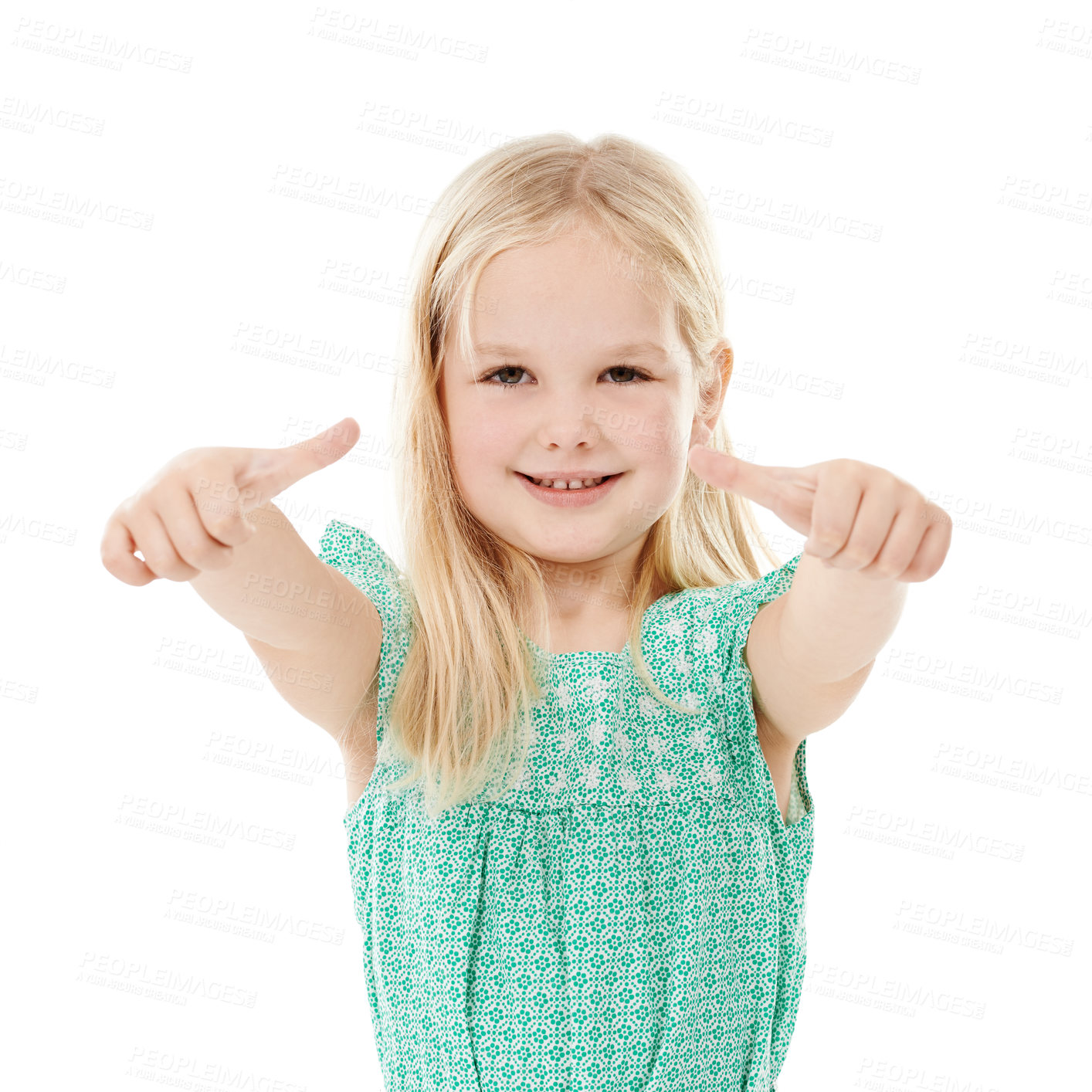 Buy stock photo Kid, girl and portrait with thumbs up for fashion in studio with outfit approval or agreement to style. Child, mockup and happy with hand gesture for good news, clothes or success on white background