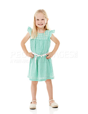 Buy stock photo Kid, girl and smile in portrait for fashion with organic cotton, sustainability clothing or recycling fabric. Child, happy and confidence in studio with dress or style on white background with mockup