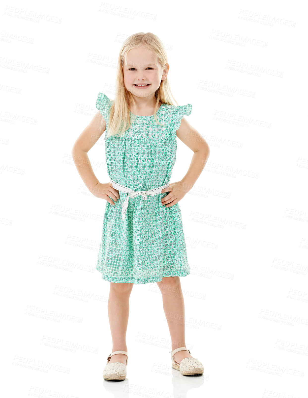 Buy stock photo Kid, girl and smile in portrait for fashion with organic cotton, sustainability clothing or recycling fabric. Child, happy and confidence in studio with dress or style on white background with mockup