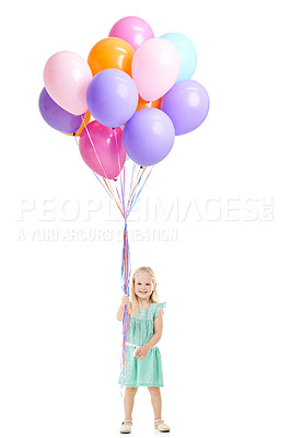 Buy stock photo Balloons, happy and portrait of child in studio for birthday party, celebration or fun with event. Smile, decoration and girl kid from Germany with flying inflatable accessory by white background.