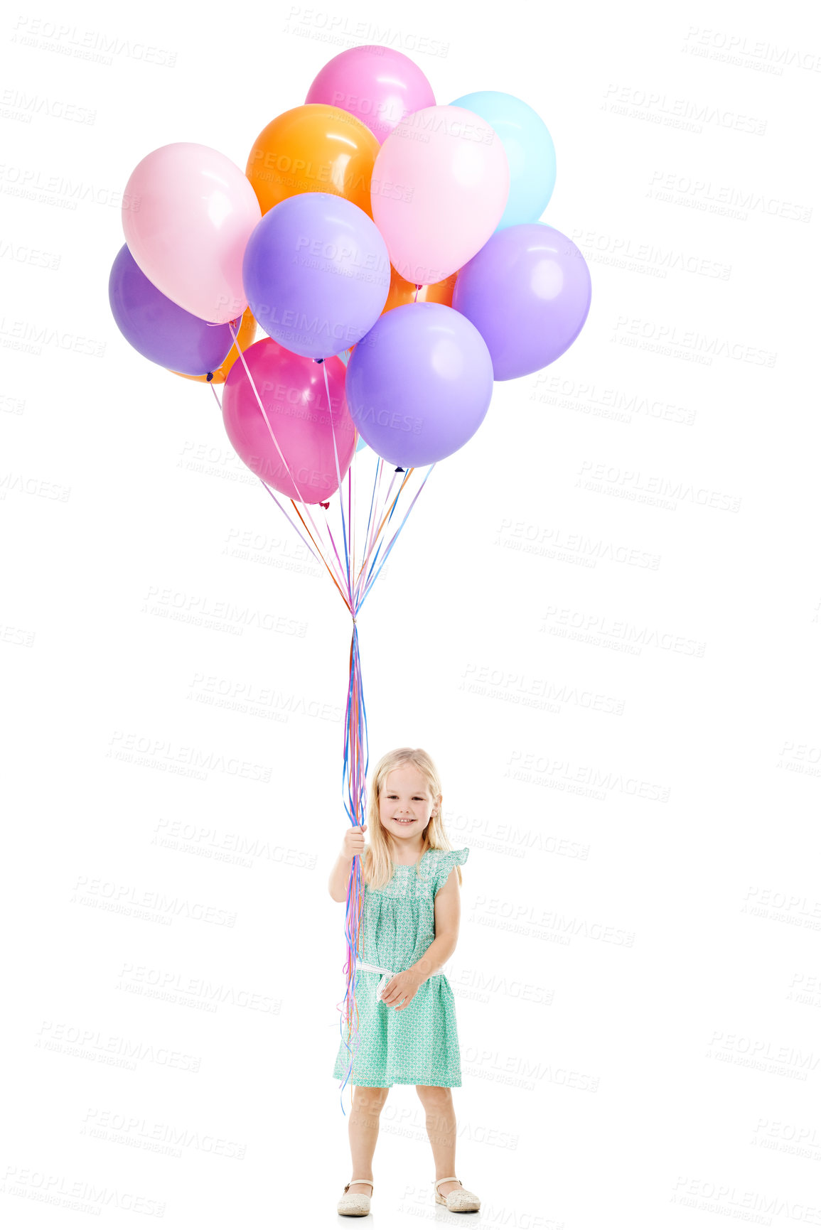 Buy stock photo Balloons, happy and portrait of child in studio for birthday party, celebration or fun with event. Smile, decoration and girl kid from Germany with flying inflatable accessory by white background.