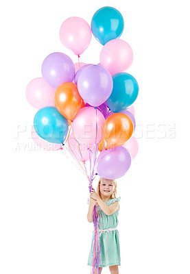 Buy stock photo Balloons, excited and portrait of child in studio for birthday party, celebration or fun with event. Happy, decoration and girl kid from Germany with flying inflatable accessory by white background.