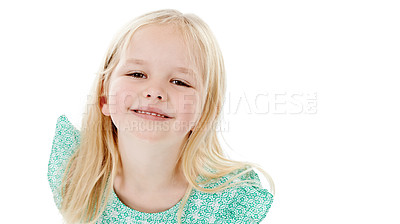 Buy stock photo Studio shot of a cute little girl in a frilly dress against a white background