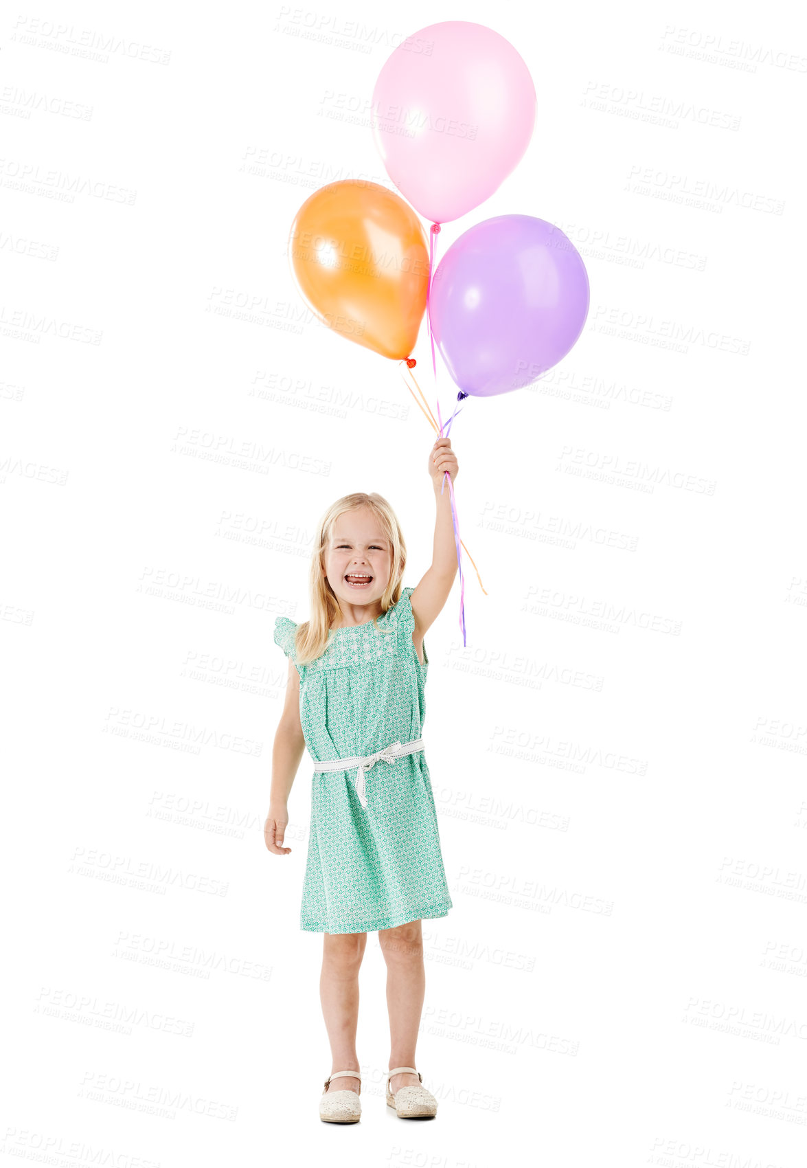 Buy stock photo Balloons, excited and portrait of kid in studio for birthday party, celebration or fun with event. Smile, decoration and girl child from Germany with flying inflatable accessory by white background.