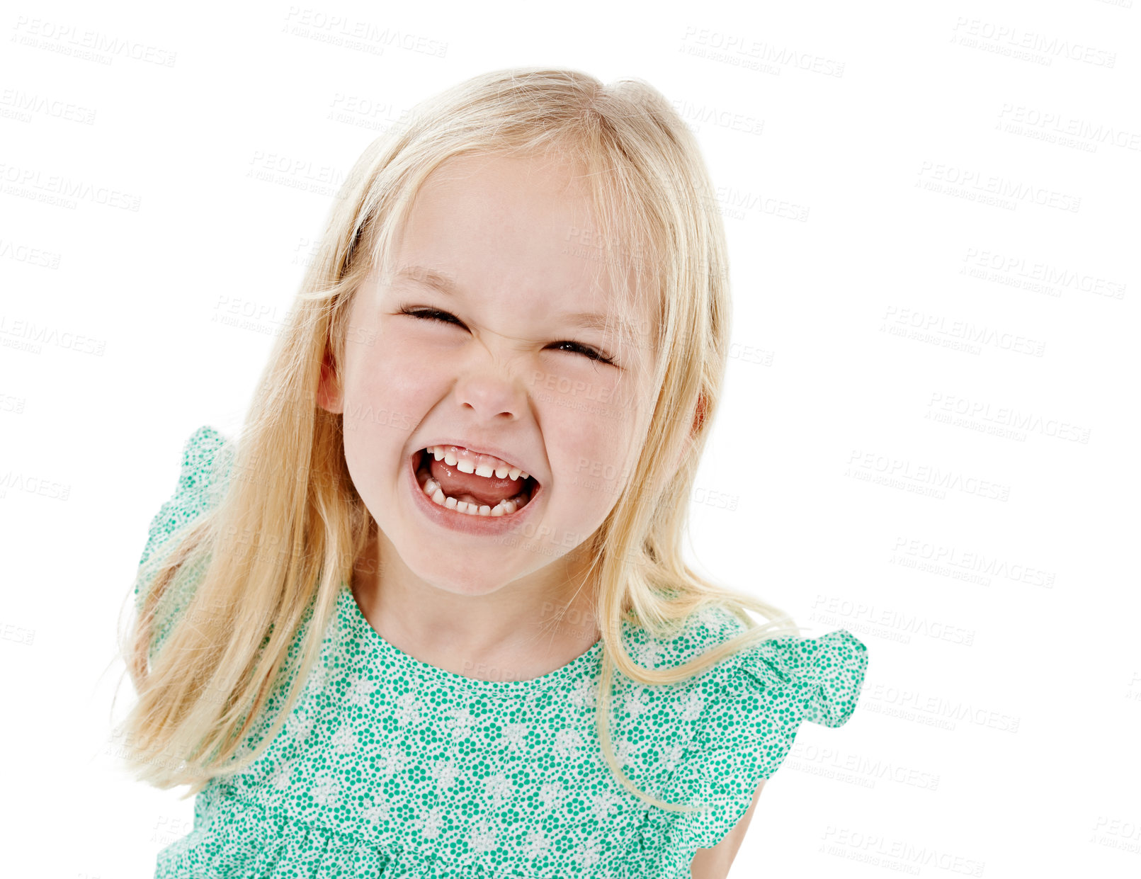 Buy stock photo Child, girl and portrait with funny face in studio with comic personality, silly and playing with mockup space. Kid, goofy and fun emoji for game, humor or excited with tongue out on white background