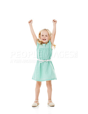 Buy stock photo Studio, excited and child in portrait for announcement, celebration and cheerful for first day of kindergarten. Mockup space, happy kid and girl with hand up for news, backdrop and white background