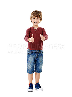 Buy stock photo Kid, boy and portrait with thumbs up for fashion in studio with outfit approval or agreement to style. Child, mockup and happy with hand gesture for good news, clothes or success on white background