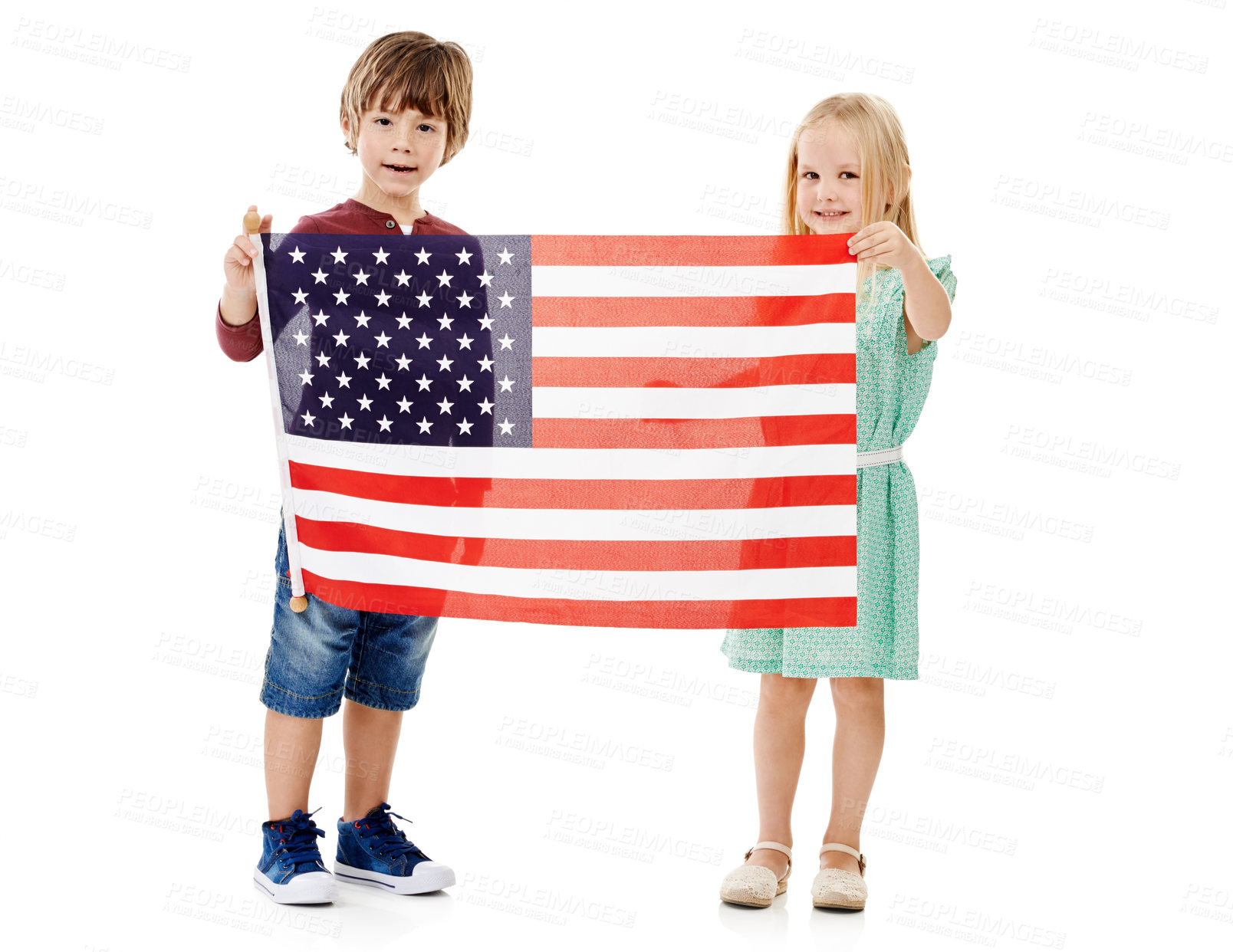 Buy stock photo America, flag and portrait of children in studio for country, government and political elections. Little kid, happy and friends with fabric by white background for patriotism, voting and democracy