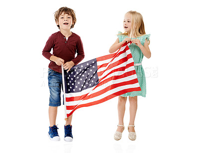 Buy stock photo America, flag and portrait of kids in studio for country, government and political elections. Little children, smile and friends with fabric by white background for patriotism, democracy and voting