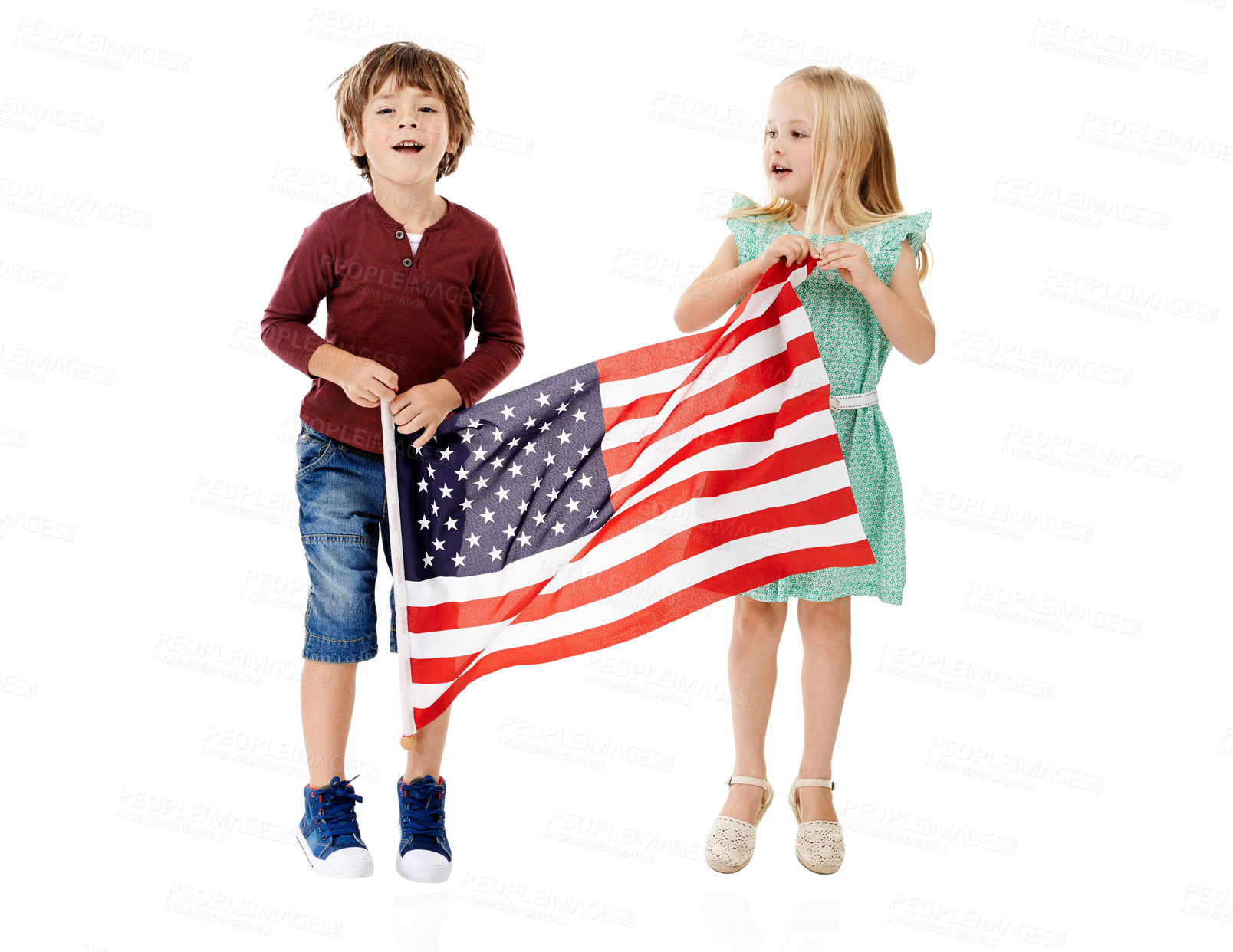 Buy stock photo America, flag and portrait of kids in studio for country, government and political elections. Little children, smile and friends with fabric by white background for patriotism, democracy and voting