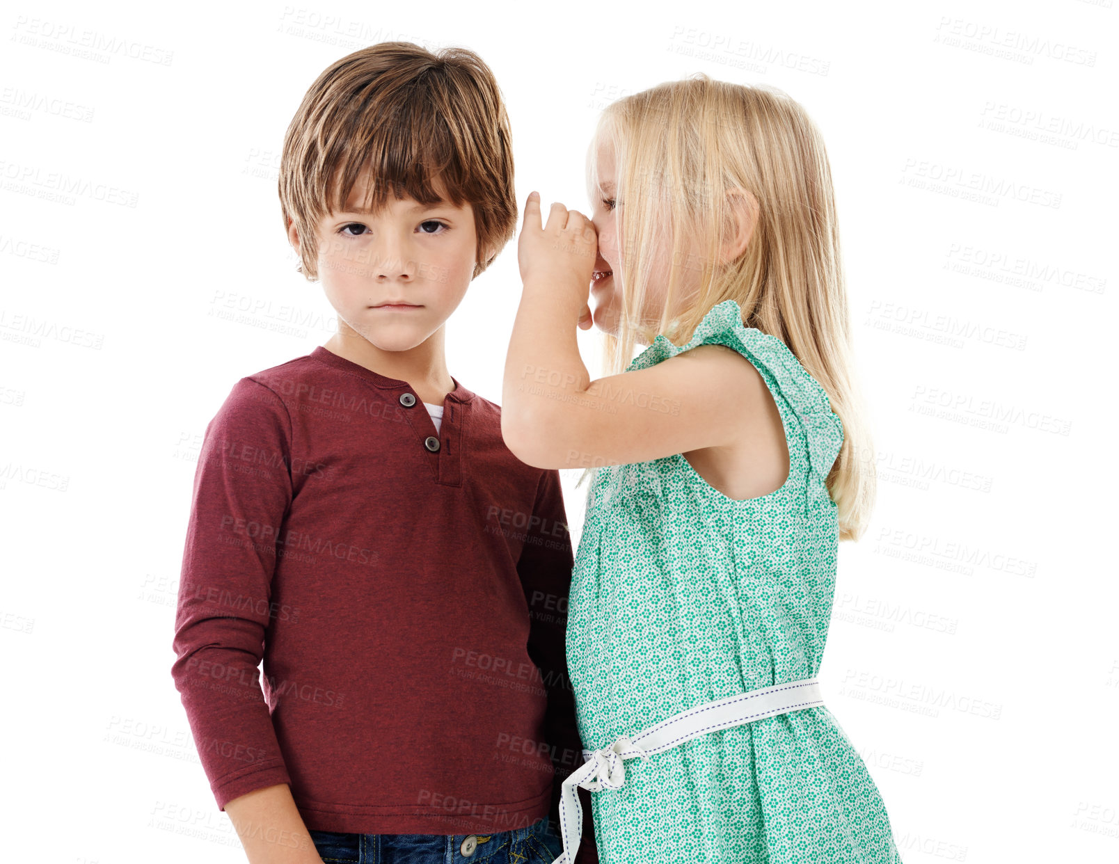 Buy stock photo Children, secret or ear with whisper for gossip, rumor or news in studio on a white background. Young kids, girl and boy listening with confidential privacy, secrecy or telling for friendship or chat