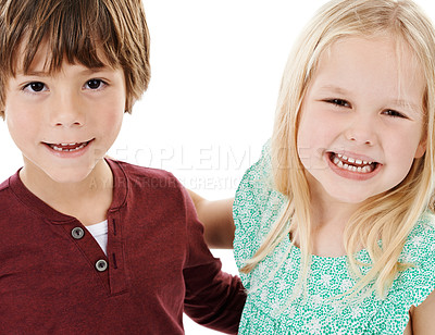 Buy stock photo Boy, girl and portrait of happy kids in studio with smile, bonding or fashion with siblings in kindergarten together. Brother, sister and children with cool style, trendy clothes and white background