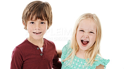 Buy stock photo Boy, girl and portrait of children in studio with smile, bonding or fashion with siblings excited for kindergarten. Brother, sister and kids with cool style, trendy clothes or hug on white background