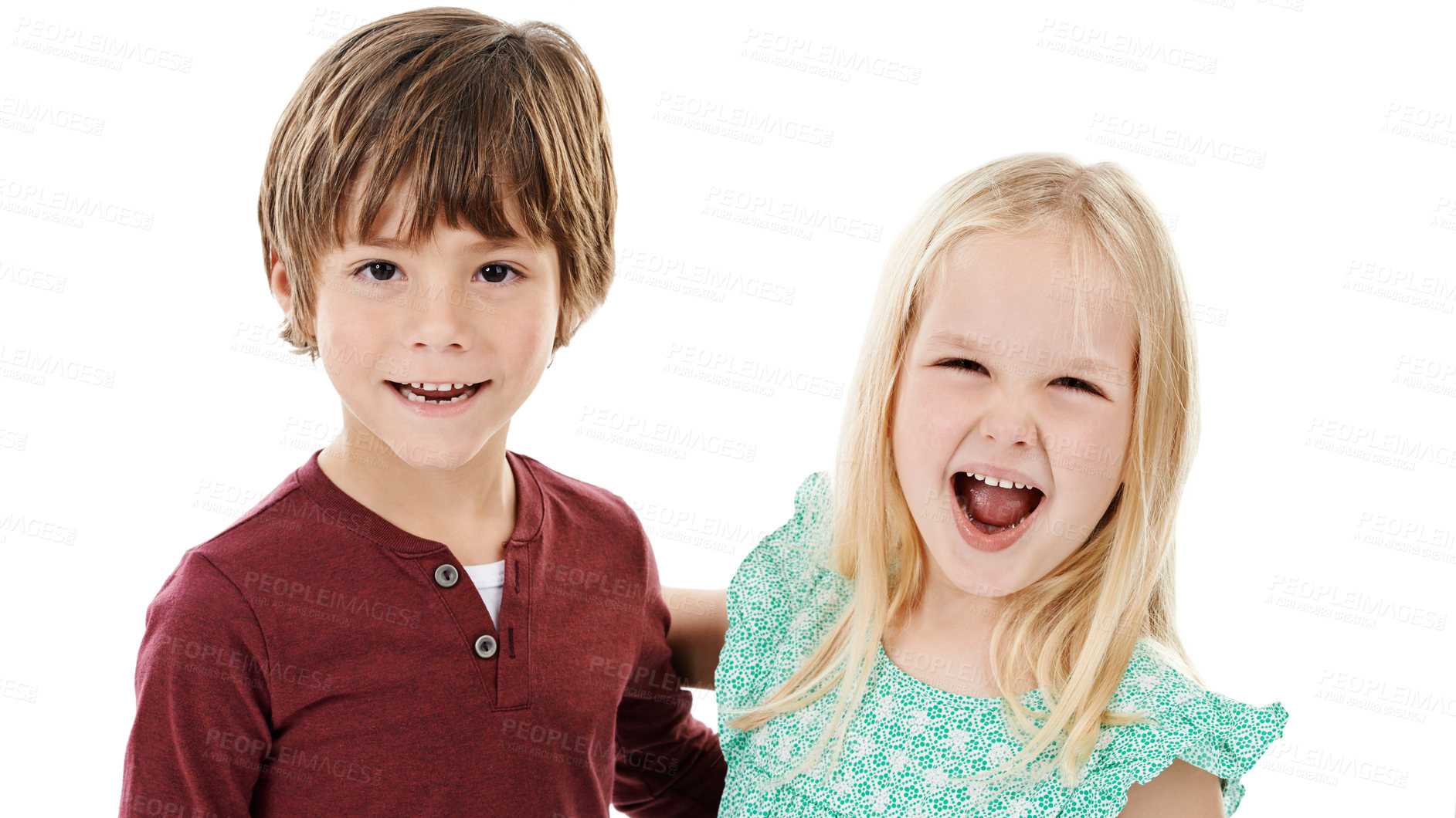 Buy stock photo Boy, girl and portrait of children in studio with smile, bonding or fashion with siblings excited for kindergarten. Brother, sister and kids with cool style, trendy clothes or hug on white background