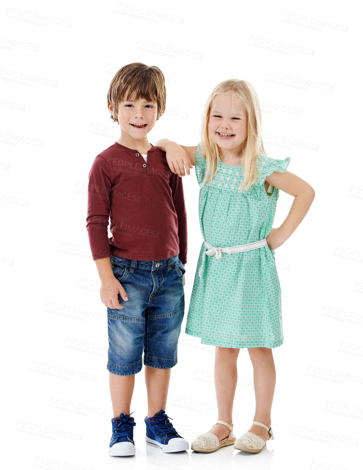 Buy stock photo Boy, girl and children in fashion portrait in studio with smile, bonding or siblings in kindergarten together. Brother, sister and kids with cool style, trendy clothes and friends on white background