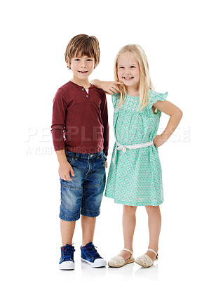 Buy stock photo Bother, sister and portrait of kids fashion in studio with smile, bonding or siblings in kindergarten together. Boy, girl and children with cool style, trendy clothes and friends on white background