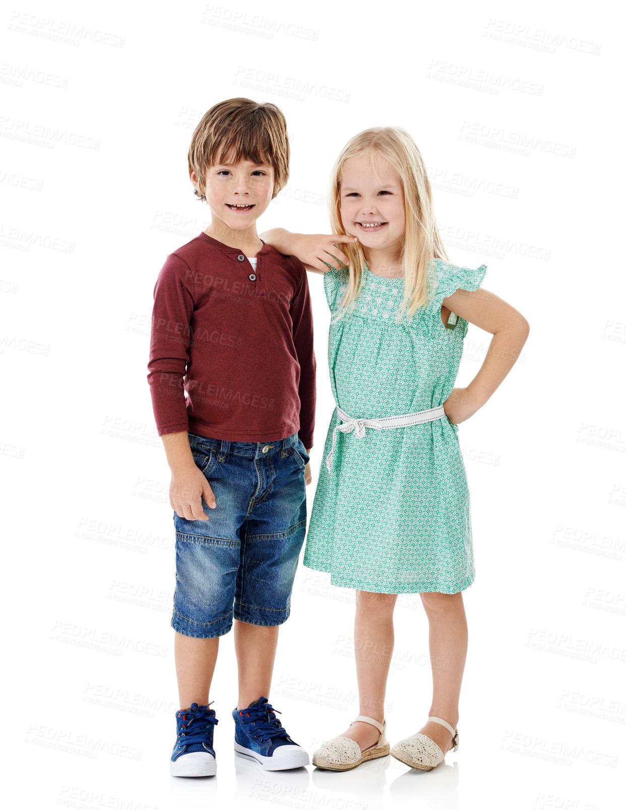 Buy stock photo Bother, sister and portrait of kids fashion in studio with smile, bonding or siblings in kindergarten together. Boy, girl and children with cool style, trendy clothes and friends on white background