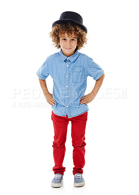 Buy stock photo Hat, smile and portrait of child in studio for cool clothes, development and fashion in youth. Accessory, confidence and little boy with pride by white background for summer outfit, style and growth