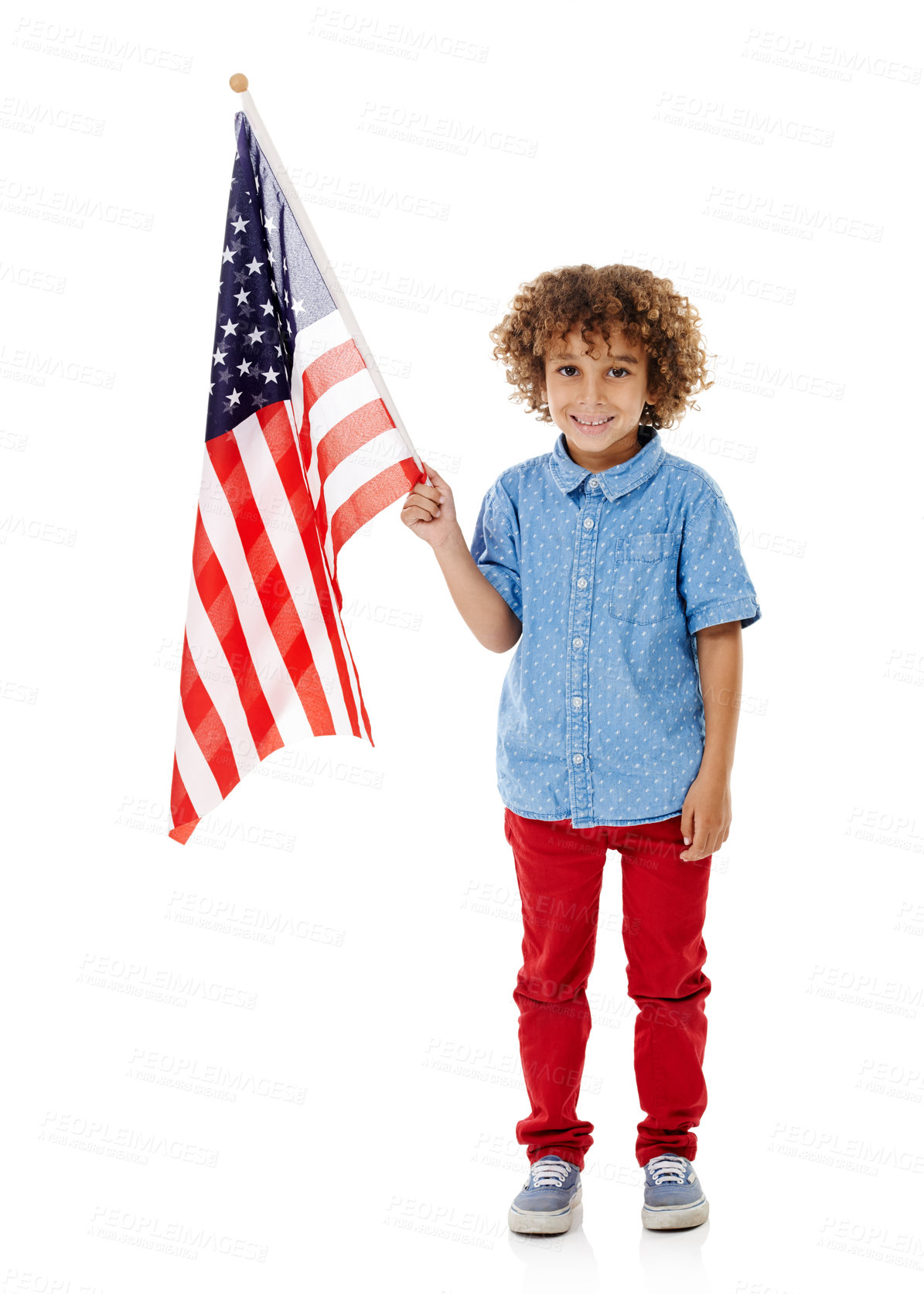 Buy stock photo Happy, child and portrait with American flag in studio for government, patriotism and voting. Little kid, pride and calm with fabric by white background for political elections, country and democracy