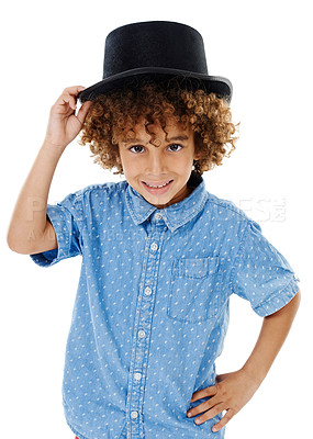 Buy stock photo Young boy, portrait and top hat with smile and confidence for magician or silly comedy routine in studio. Happy, youth and child with funny accessory with style, fashion and white background