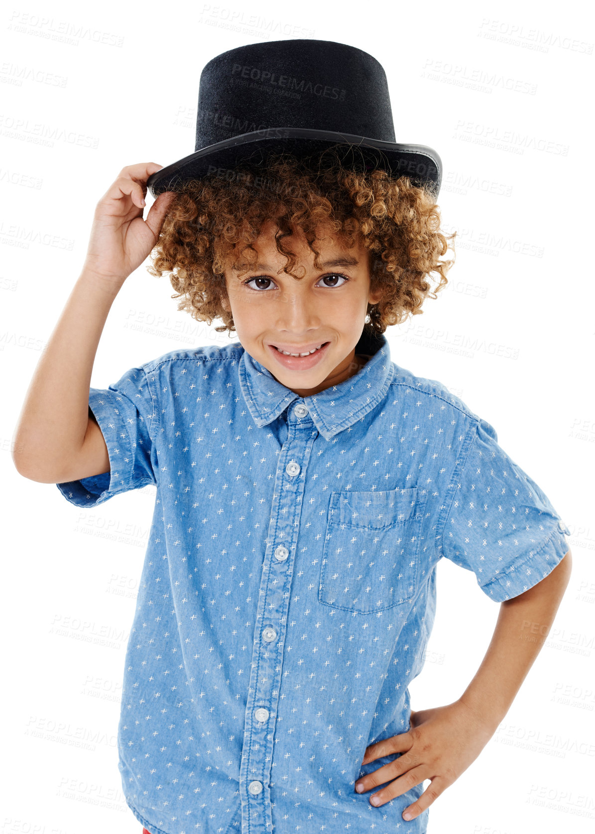 Buy stock photo Young boy, portrait and top hat with smile and confidence for magician or silly comedy routine in studio. Happy, youth and child with funny accessory with style, fashion and white background