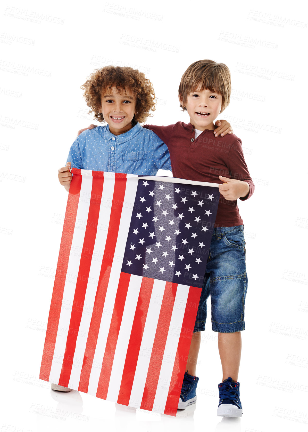 Buy stock photo Kids, hug and portrait with American flag in studio for political, patriotism and democracy. Friends, children and smile with fabric by white background for government elections, voting and support