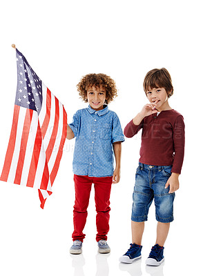 Buy stock photo Kids, smile and portrait with American flag in studio for political, patriotism and democracy. Friends, children and happy with fabric by white background for government elections, support and voting