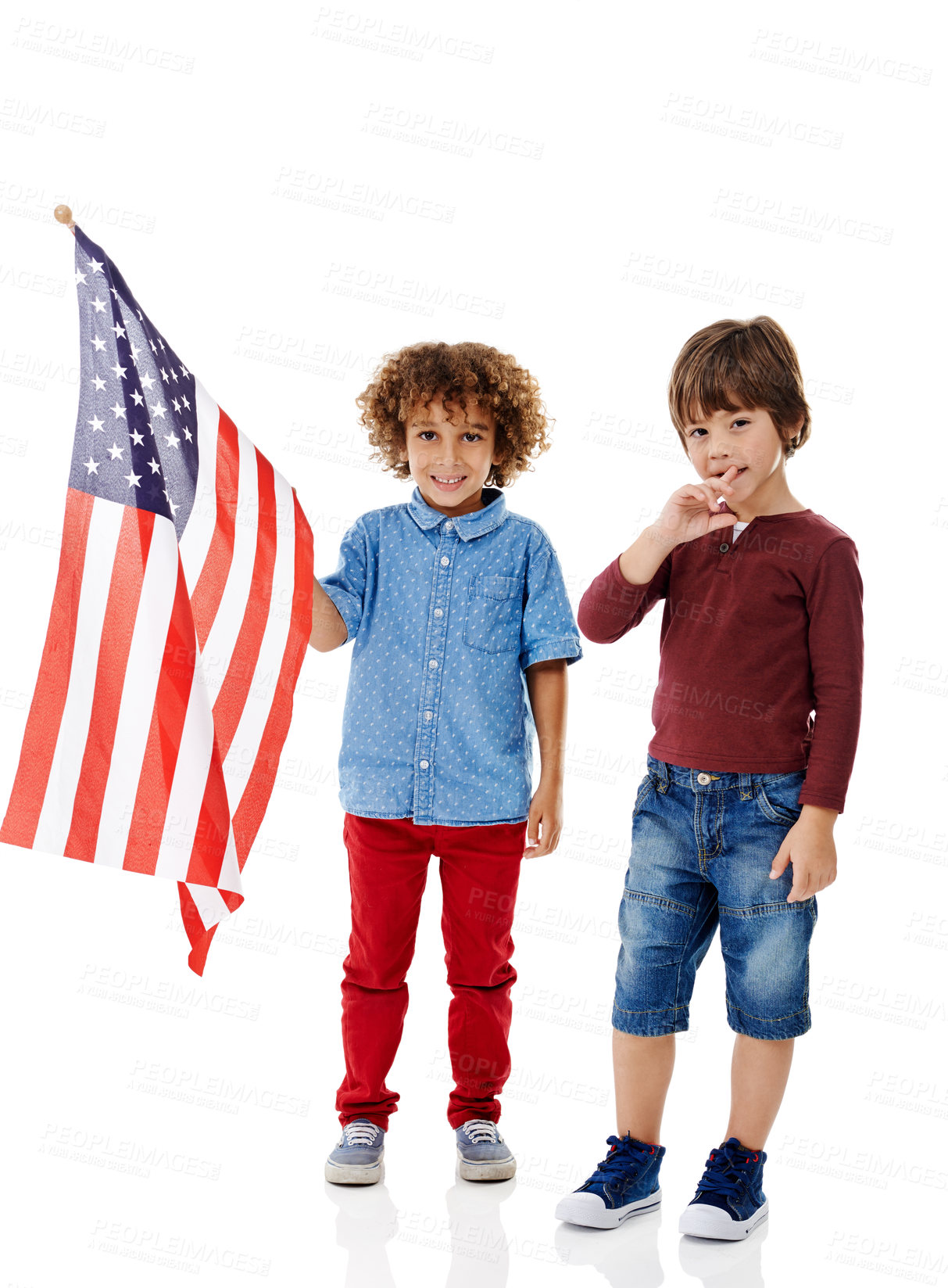 Buy stock photo Kids, smile and portrait with American flag in studio for political, patriotism and democracy. Friends, children and happy with fabric by white background for government elections, support and voting