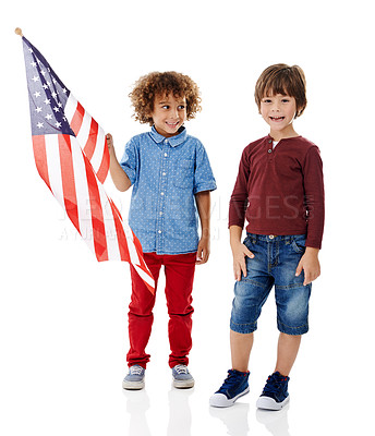 Buy stock photo Happy, kids and portrait with American flag in studio for political, patriotism and democracy. Friends, children and smile with fabric by white background for government support, elections and voting