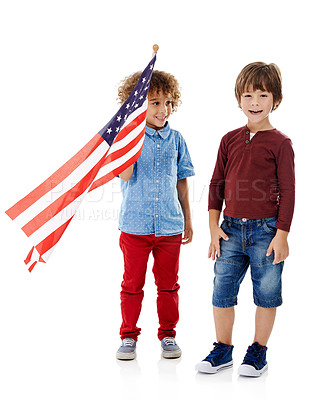 Buy stock photo Happy, children and portrait with American flag in studio for political, democracy and patriotism. Friends, kids and smile with fabric by white background for government support, voting and elections