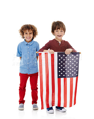 Buy stock photo Children, smile and portrait with American flag in studio for government, democracy and patriotism. Friends, kids and happy with fabric by white background for political support, elections and voting