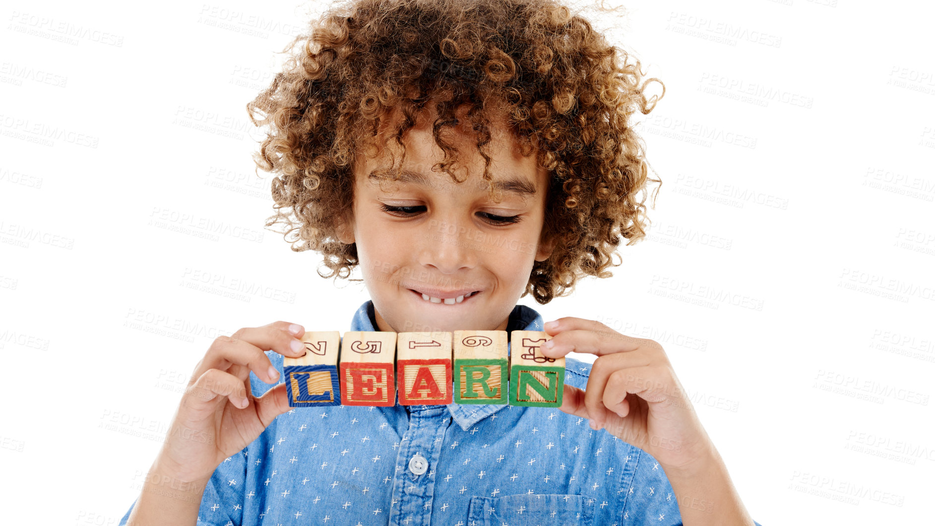 Buy stock photo Playing, studio and face of kid with building blocks for learning, education or child development. Creative, childhood and isolated young boy with school toys for spelling games on white background