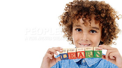 Buy stock photo Happy, spelling and portrait of kid with building blocks for learning, education or child development. Creative, mockup space and isolated boy with school toys for playing games on white background