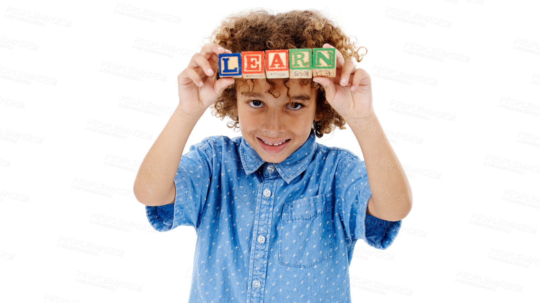 Buy stock photo Playing, studio and portrait of child with building blocks for learning, education and development. Creative, childhood and isolated young boy with school toys for spelling games on white background